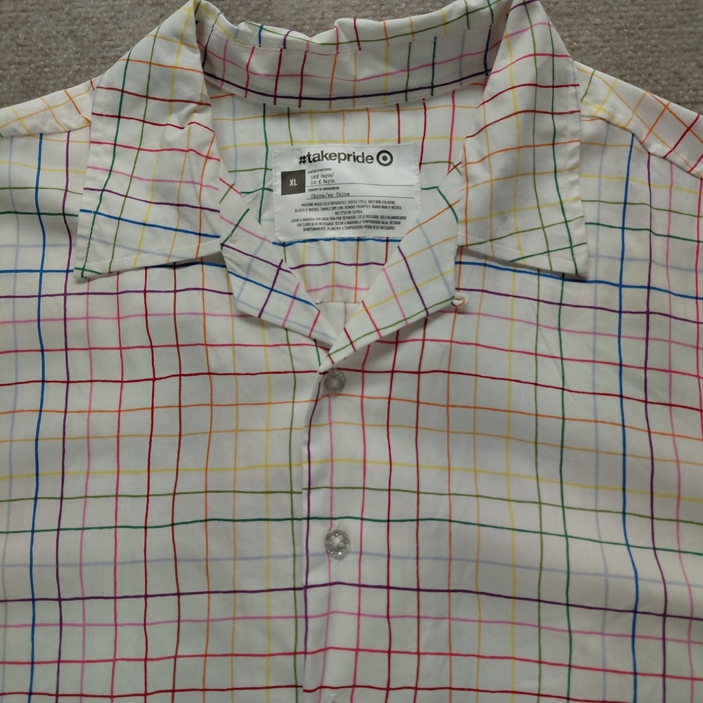Pride Target Rainbow Striped Check Short Sleeve Glitter Button-Down Shirt Sz XL